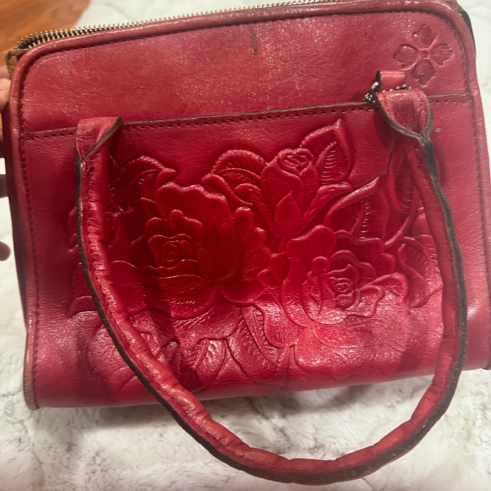 10th Anniver. Patricia Nash Red Flower Tooled Leather Bag with strap and wallet